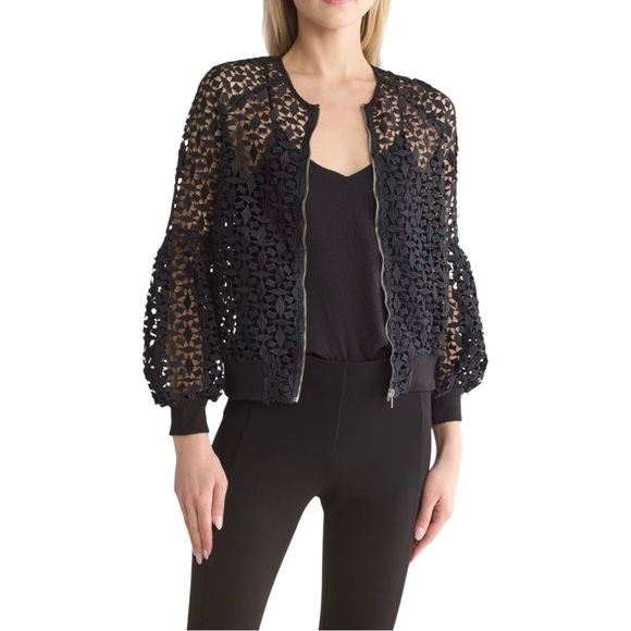 GRACIA Lace Bomber Jacket, Front Zip, Women’s, Color Black, Size Medium - Picture 1 of 10